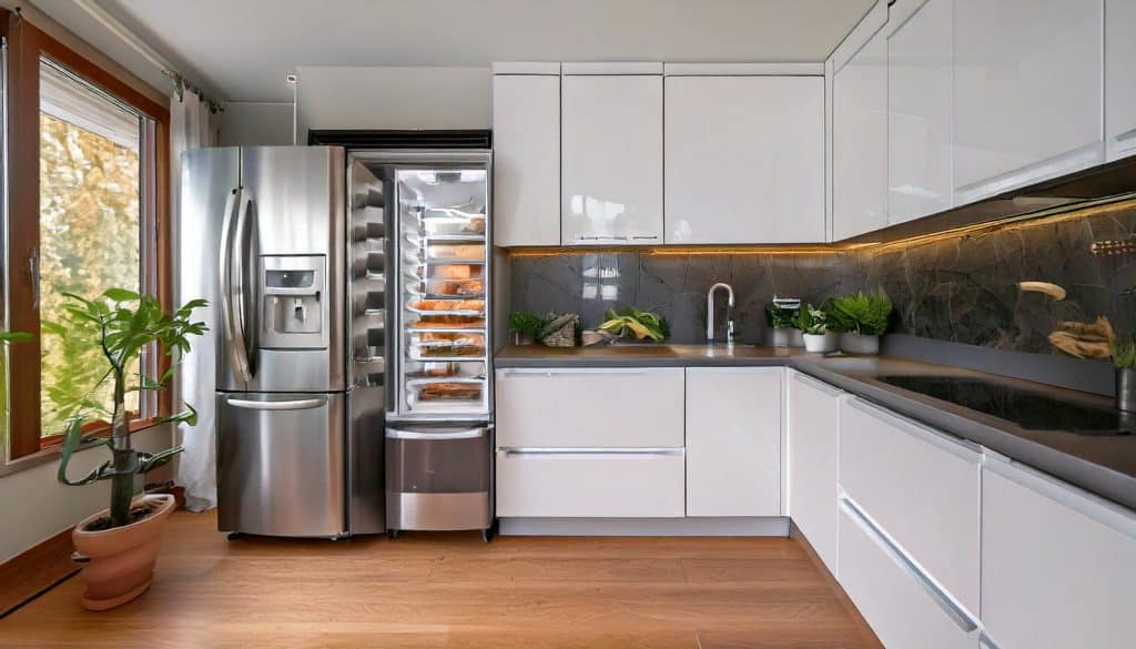 Cuisine moderne et lumineuse avec un grand réfrigérateur en inox à double porte équipé d’un distributeur d’eau et de glaçons, ouvert pour révéler un espace de rangement organisé. La cuisine est dotée de meubles blancs brillants, d’un plan de travail en pierre foncée et d’un éclairage LED sous les placards, avec une grande fenêtre et des plantes vertes apportant une touche naturelle.