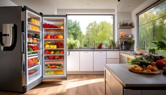 Cuisine lumineuse et moderne avec un grand réfrigérateur en inox à double porte, ouvert et rempli de fruits et légumes colorés. De grandes fenêtres laissent entrer la lumière naturelle et offrent une vue sur un jardin verdoyant.