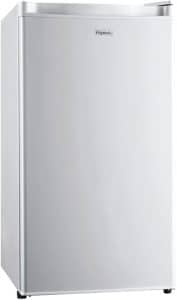 Réfrigérateur compact FrigeluX RTT89BE en finition blanche, design minimaliste avec porte pleine et poignées intégrées.