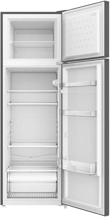 Réfrigérateur double porte FrigeluX 261L avec porte ouverte, montrant un intérieur spacieux avec plusieurs étagères, compartiments de porte et un congélateur intégré.