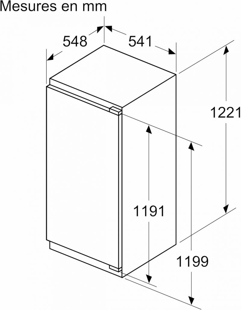 Schéma technique d’un réfrigérateur avec ses dimensions en millimètres (largeur, profondeur, hauteur) indiquées par des flèches. 