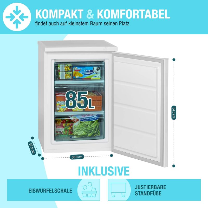 Congélateur Bomann GS 2186 ouvert, dimensions indiquées (84.5cm, 56cm, 57.5cm), volume 85L, mention "Compact et Confortable", "trouve sa place dans les plus petits espaces", avec bac à glaçons et pieds réglables inclus.