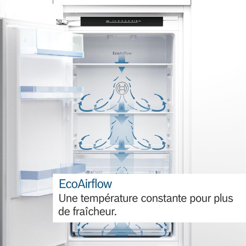  Vue intérieure d’un réfrigérateur avec un schéma de flux d’air “EcoAirflow” illustrant la circulation et la répartition de l’air frais à l’intérieur.