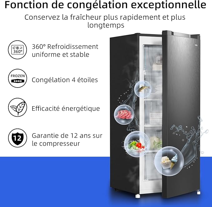 Congélateur vertical CHiQ FSD160D4E ouvert, mettant en avant la congélation 4 étoiles, le refroidissement 360°, l'efficacité énergétique et la garantie de 12 ans sur le compresseur.