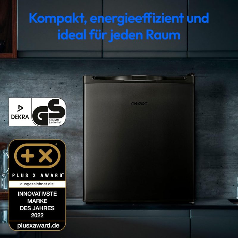 Mini congélateur MEDION MD37675 gris, compact, économe en énergie, idéal pour chaque pièce, certifié DEKRA et GS, récompensé par le Plus X Award 2022 comme marque la plus innovante.