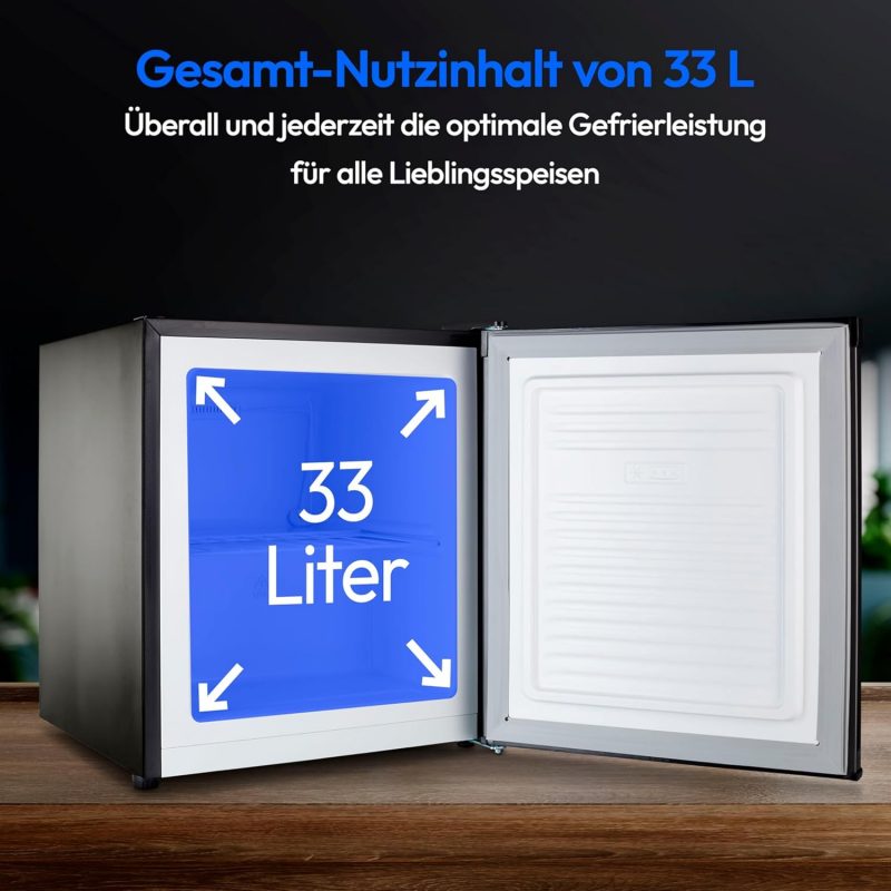 Mini congélateur MEDION MD37675 ouvert, capacité de 33 litres, mention "Partout et à tout moment la performance de congélation optimale pour tous les aliments préférés".