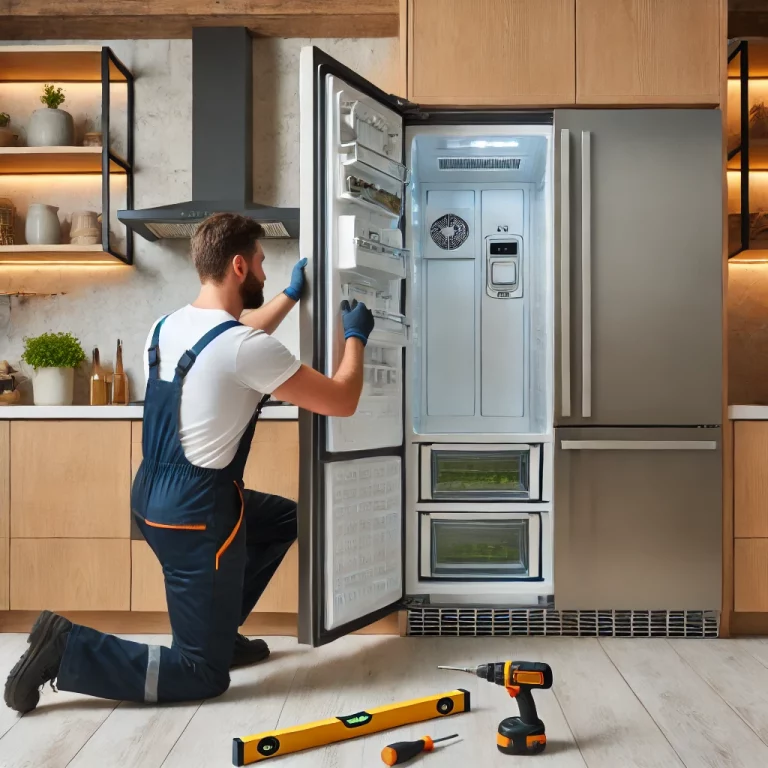 Un technicien en tenue de travail installe un réfrigérateur encastrable dans une cuisine moderne. L’appareil est partiellement inséré dans son emplacement, tandis que le professionnel ajuste son alignement à l’aide d’outils posés sur le plan de travail.