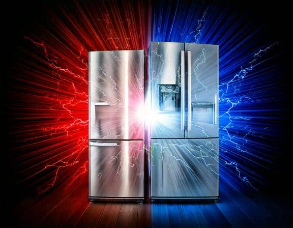 Deux réfrigérateurs en acier inoxydable mis en scène avec un effet de lumière énergisant, contrastant entre rouge et bleu, symbolisant puissance et performance.