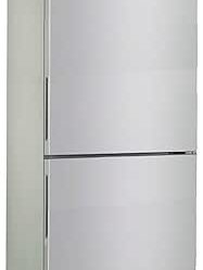 Réfrigérateur combiné FrigeluX en finition inox, design épuré avec congélateur en bas et ouverture ergonomique.