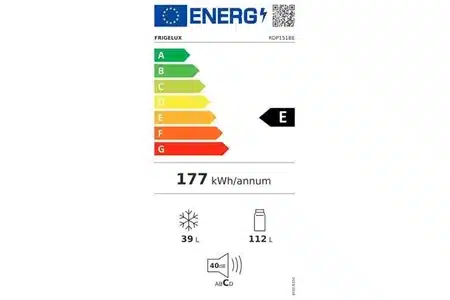 Étiquette énergétique du réfrigérateur FrigeluX RDP151BE indiquant une classe énergétique E, une consommation annuelle de 177 kWh, une capacité de 112L pour le réfrigérateur et 39L pour le congélateur, avec un niveau sonore de 40 dB.