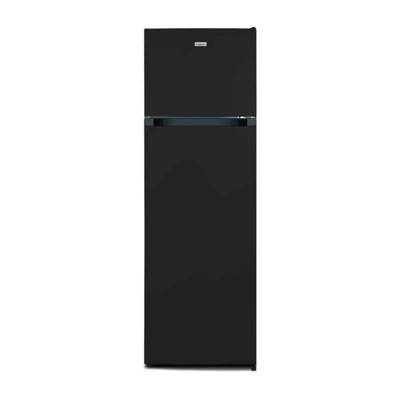 Réfrigérateur double porte FrigeluX en finition noire élégante, offrant un design moderne et sophistiqué.