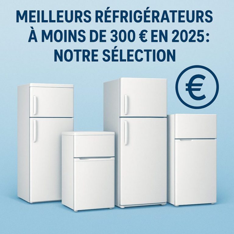 Meilleurs réfrigérateurs économiques à moins de 300 euros en 2025 présentés sur fond bleu clair avec symbole euro