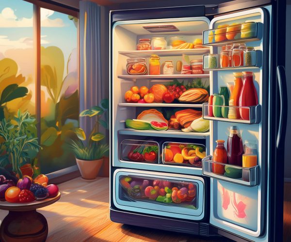 Un réfrigérateur moderne grand ouvert, rempli de fruits, légumes, boissons et produits frais. La scène est baignée d’une lumière naturelle provenant d’une grande baie vitrée donnant sur un jardin luxuriant, avec une table en bois portant un panier de fruits au premier plan.